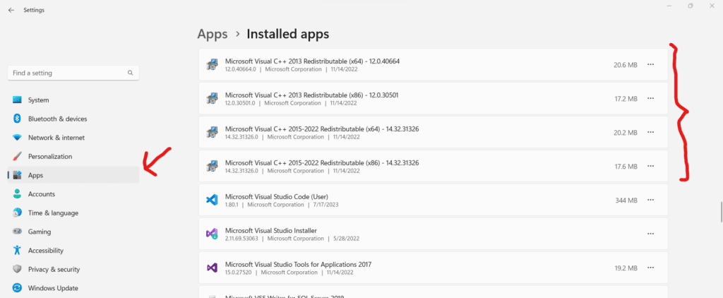 Microsoft Visual C++ Redistributable in Installed apps