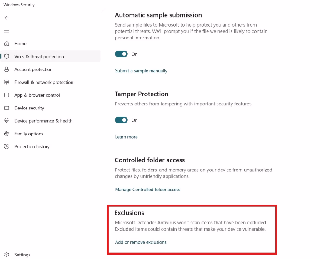 Windows Defender Add or Remove Exclusions
