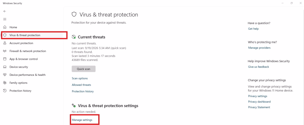 Windows Defender Virus and Threat Protection Settings